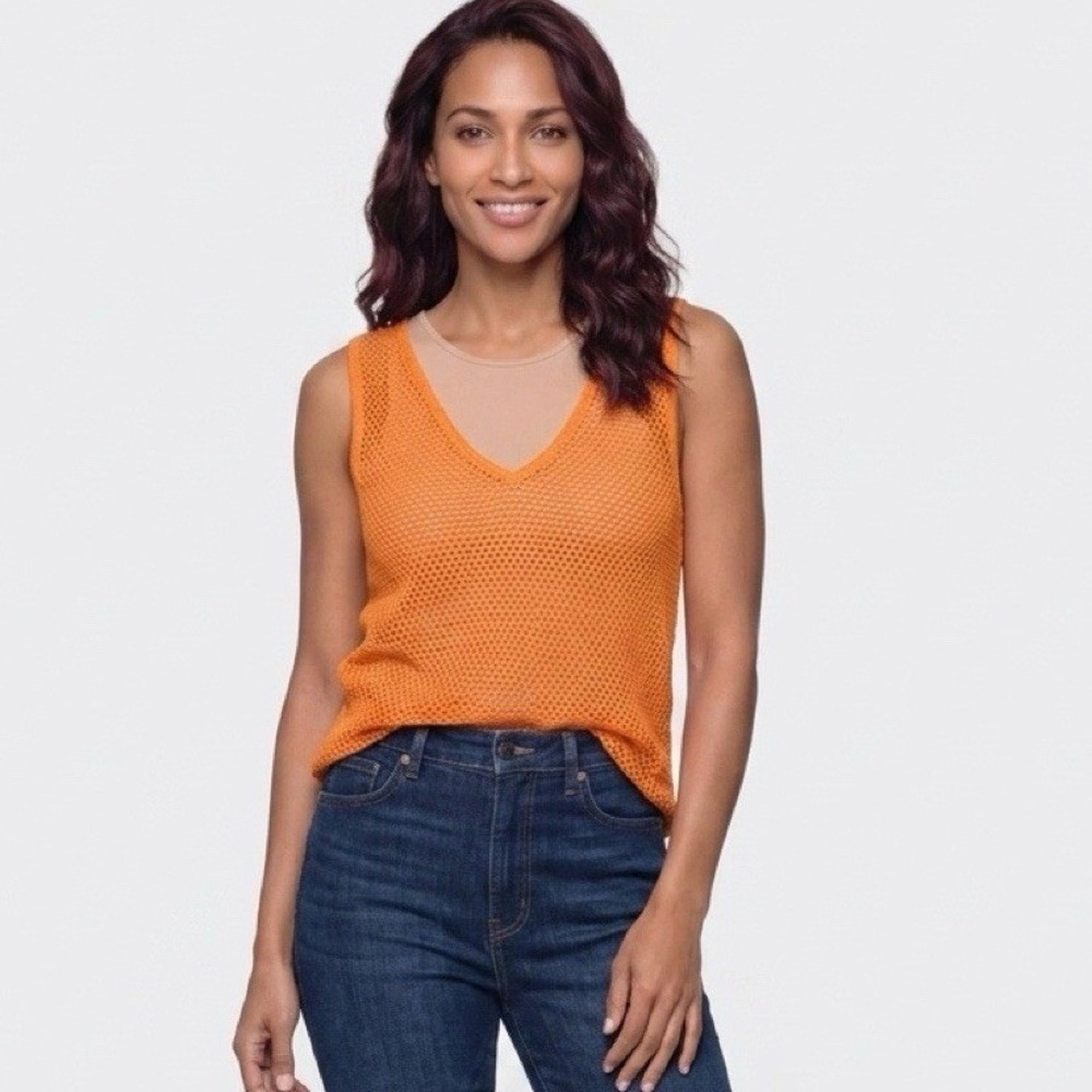 Y2K Trendy Looks Mesh Knit Tunic Women Medium Orange V-Neck Rayon Coverup - Picture 8 of 13